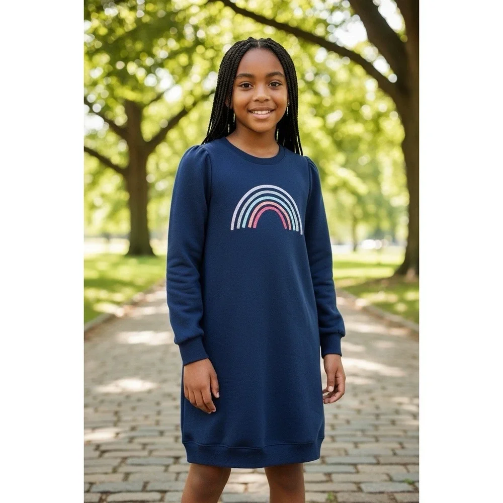 NWT Gap Kids Girls XXL 14-16 Navy Rainbow Sweatshirt Dress Puff Sleeve